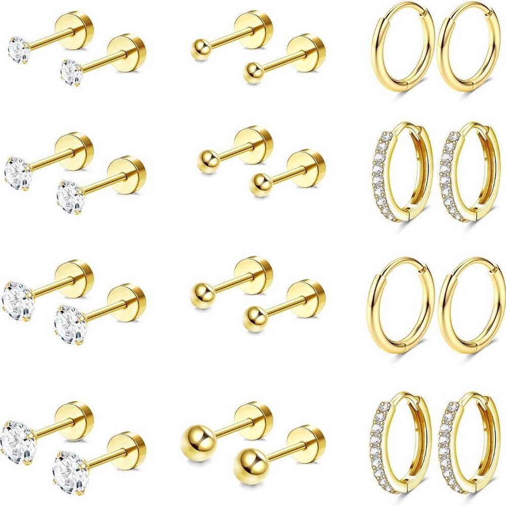 Hypoallergenic Surgical Steel Earrings for Sensitive Ears 14K Gold Flat Back Ear